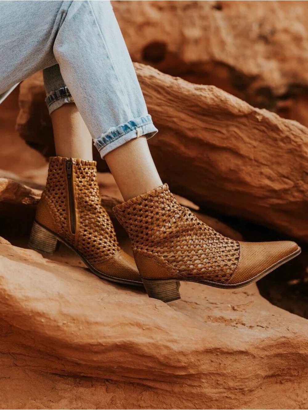 FREE PEOPLE In The Loop Woven Leather Taupe Boots Size 38 US 7.5 Ankle Womens